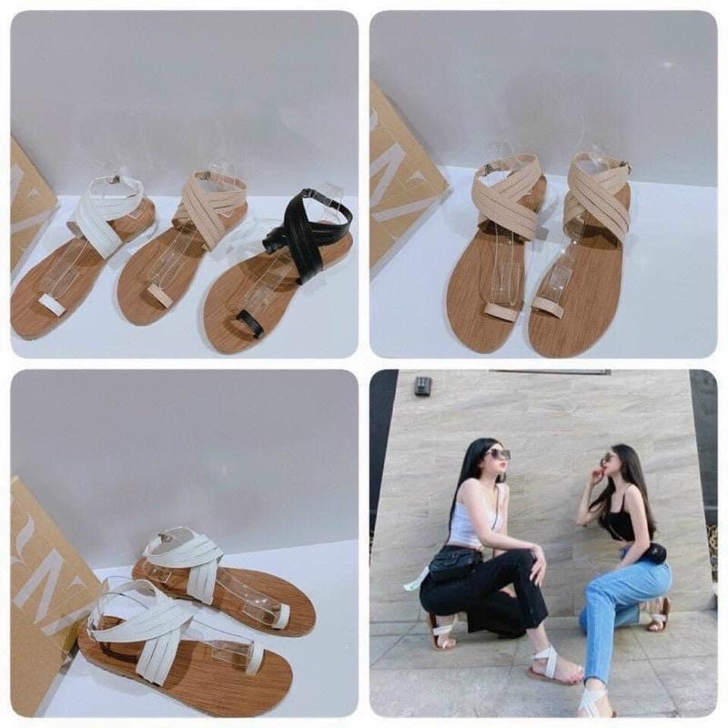 Dép nữ quai hậu, giày sandal nữ đi học dây xỏ ngón dây chéo cổ chân màu đen đế bệt size từ 35 đến 39