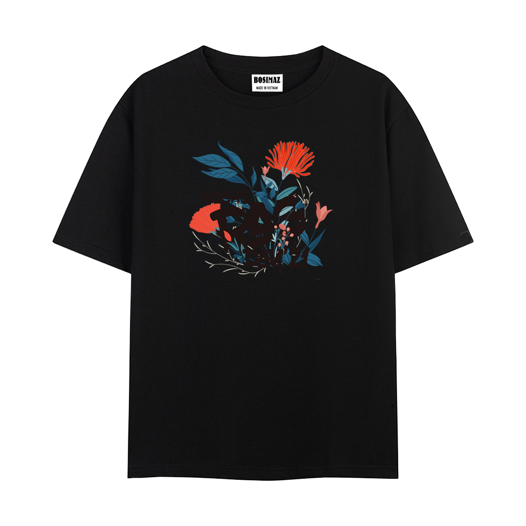 Áo thun Unisex Bosimaz TS014 cổ tròn tay lỡ phom rộng in hình hoa, thun contton 100%, vải đẹp dày, thoáng mát không xù lông.