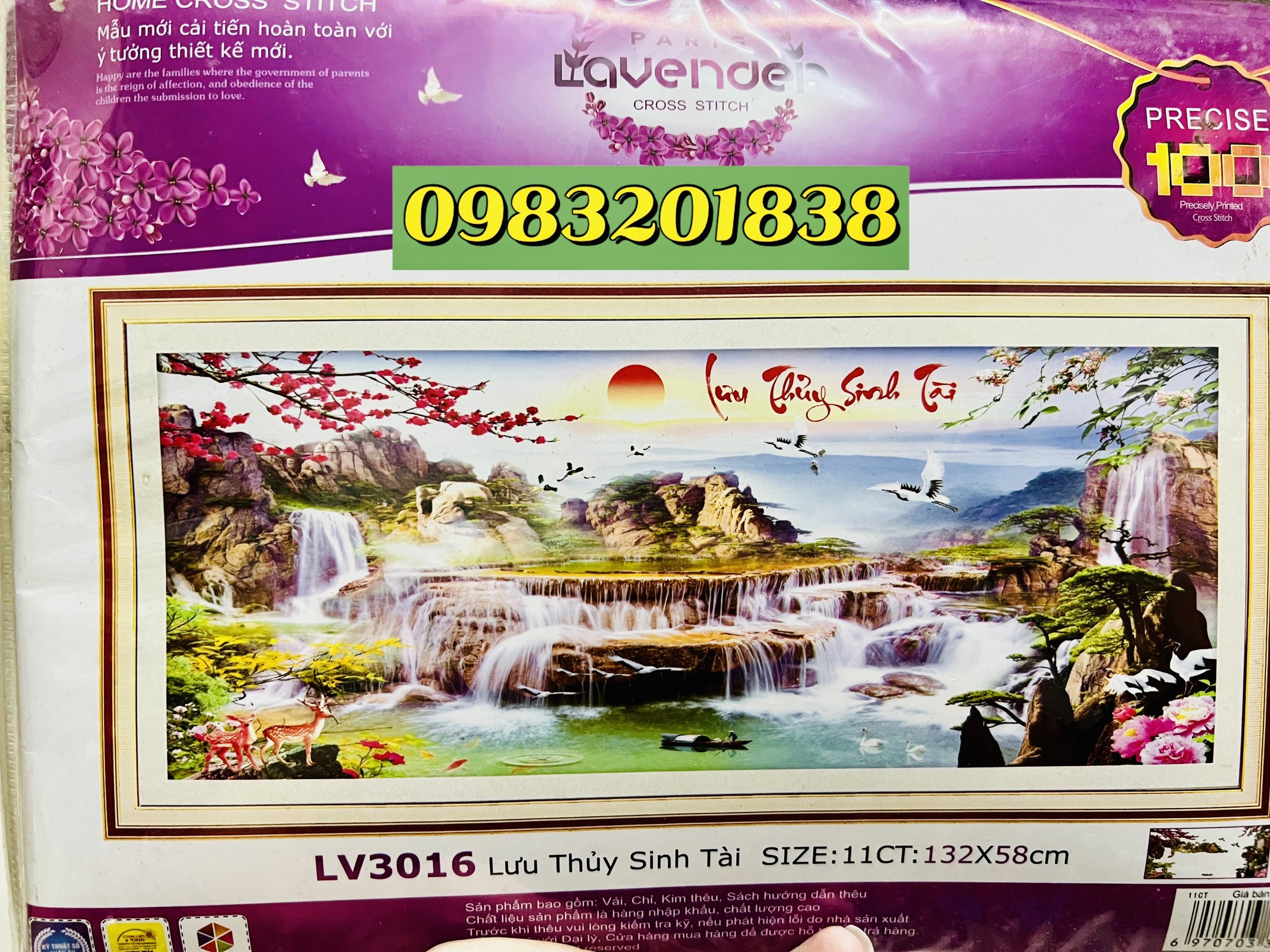 Tranh thêu chữ thập Lưu thủy sinh tài LV3016, tranh thêu 3D, kích thước 132 x 58 cm