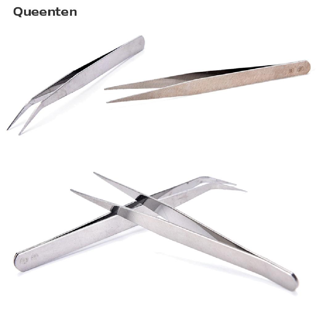 Queenten 2pcs Stainless Steel Straight Elbow Tweezers Patchwork Hook Pick-up Makeup Tools QT