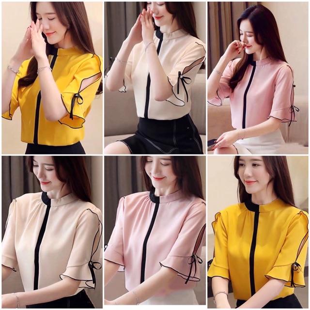 Áo sơ mi cổ tròn phối đen tay lỡ cánh tiên SMCC20