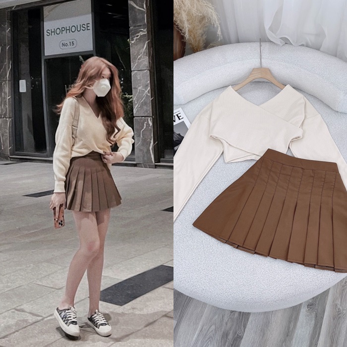 SET ÁO CROPTOP CỔ V TAY DÀI TRƠN + CHÂN VÁY XẾP LY TENNIS NGẮN LƯNG CAO NÂU BÒ