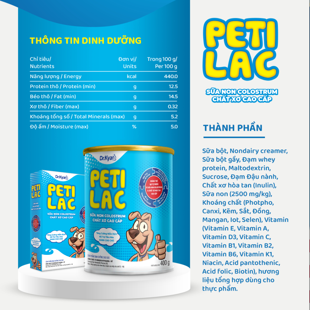 Sữa Bột Dinh Dưỡng PETILAC Bổ Sung Sữa Non Colostrum &amp; Chất Xơ Cao Cấp Cho Chó Dr.Kyan 100g Và 400g - YonaPetshop