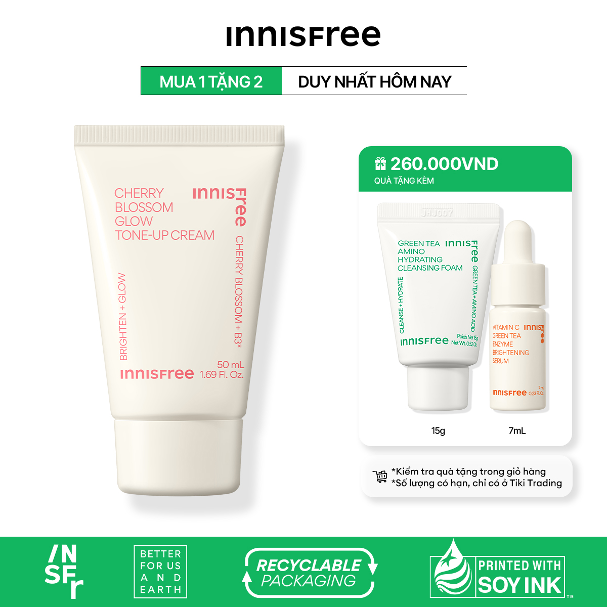 Kem dưỡng ẩm sáng da hoa anh đào đảo Jeju innisfree Cherry Blossom Tone Up Cream 50ml