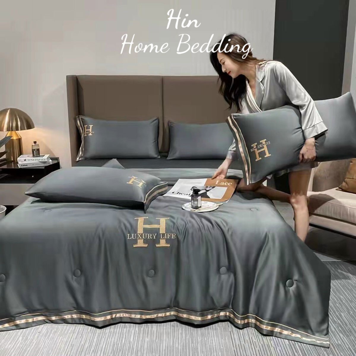 Bộ Chăn Ga Gối Đệm 5 Món Chăn Phao Lụa Thái Hin Home Bedding Drap Giường Lụa Mẫu Xám Lông Chuột