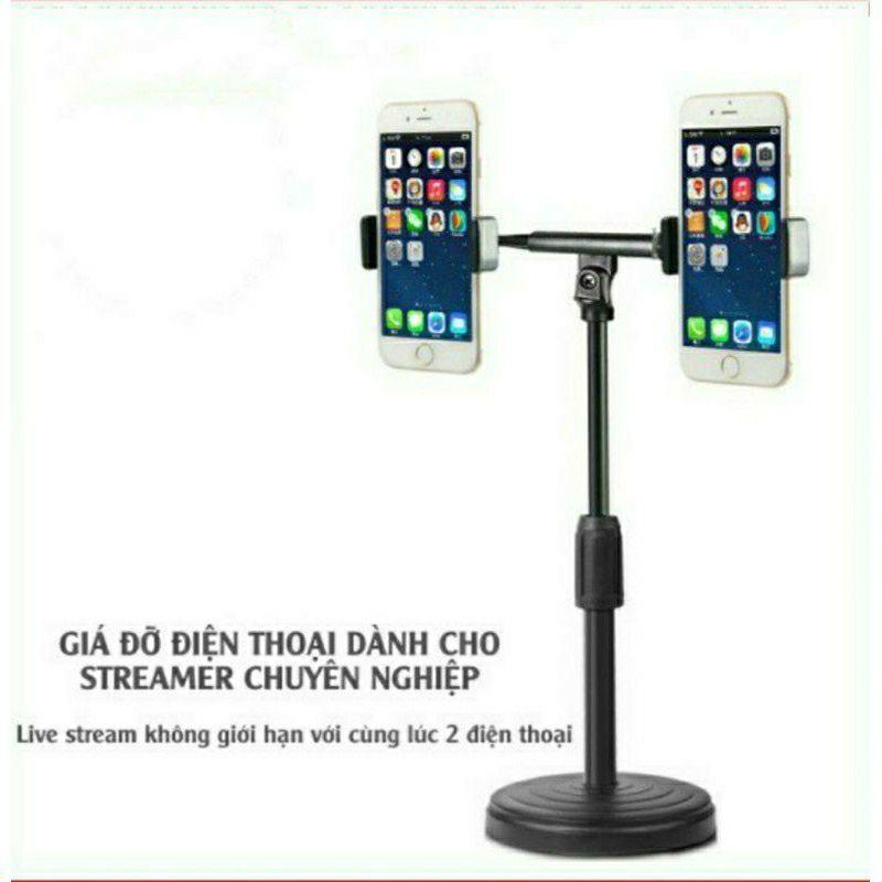 Giá Đỡ 2 Điện Thoại Livestream Có Đèn Led, Kẹp Điện Thoại Để Bàn Quay Video Tiktok Có Đèn Led 3 Màu Có Video, Ảnh Thật