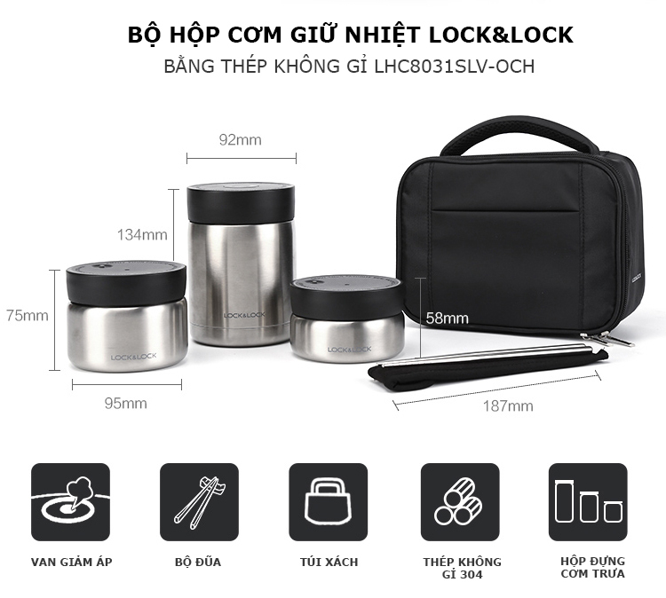 Bộ Hộp Cơm Giữ Nhiệt Thép Không Gỉ Lock &amp; Lock LHC8031SLV - Hàng Chính Hãng, Kèm Túi Xách, Đôi Đũa - Tặng Kèm Ống Hút Inox