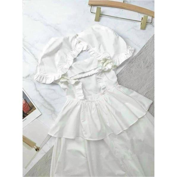 Đầm midi trắng peplum bèo hở lưng