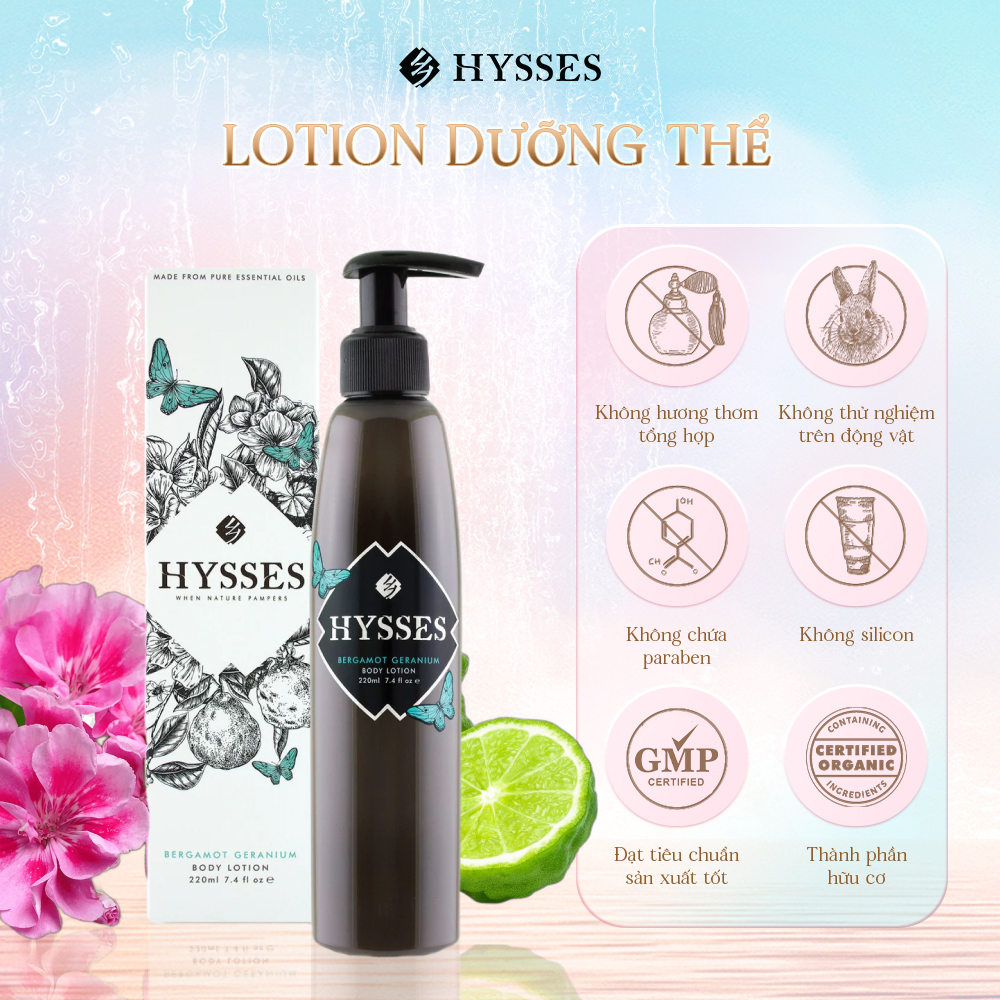 Sữa Dưỡng Thể Cao Cấp Hysses Body Lotion Giúp Lưu Thông Máu, Dưỡng Ẩm Cho Da Khô Với Tinh Dầu Cam Bergamot và Hoa Phong Lữ Hữu Cơ Tự Nhiên