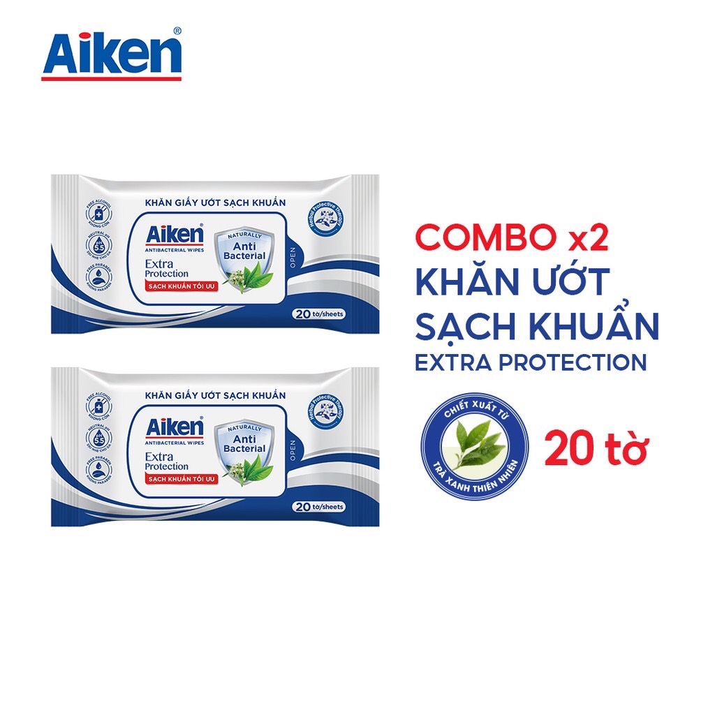 Aiken Combo 2 Gói Khăn Ướt Sạch Khuẩn Chiết Xuất Trà Xanh 20 tờ/gói