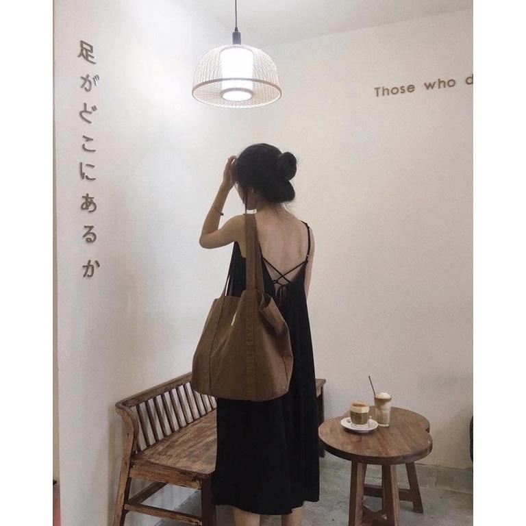 Đầm đen hở lưng đi biển, Váy 2 dây dáng suông Cao Cấp cột nơ sau vải cotton mát mẻ, quyến rũ gợi cảm - MiNhi Fashion