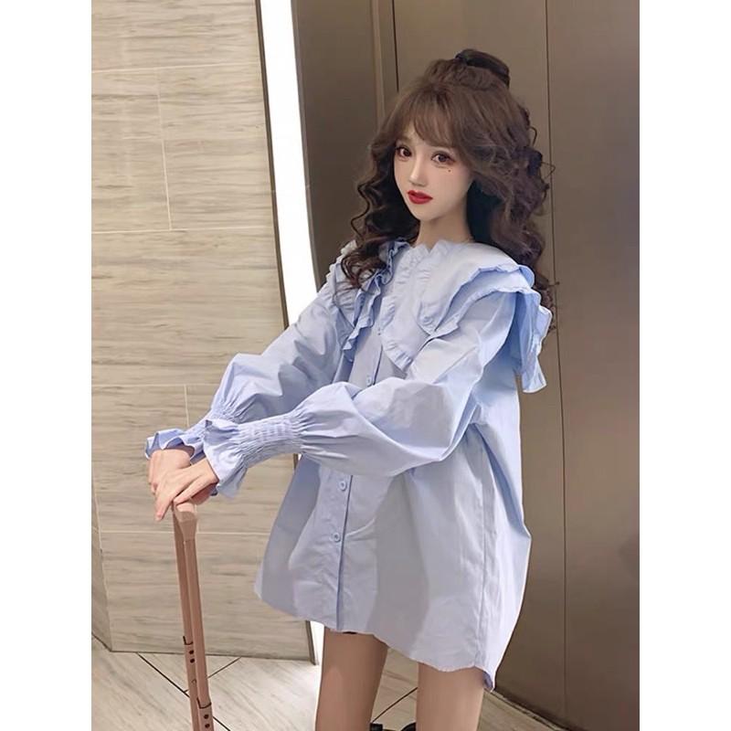 Sơ mi xanh cổ bèo 2 tầng