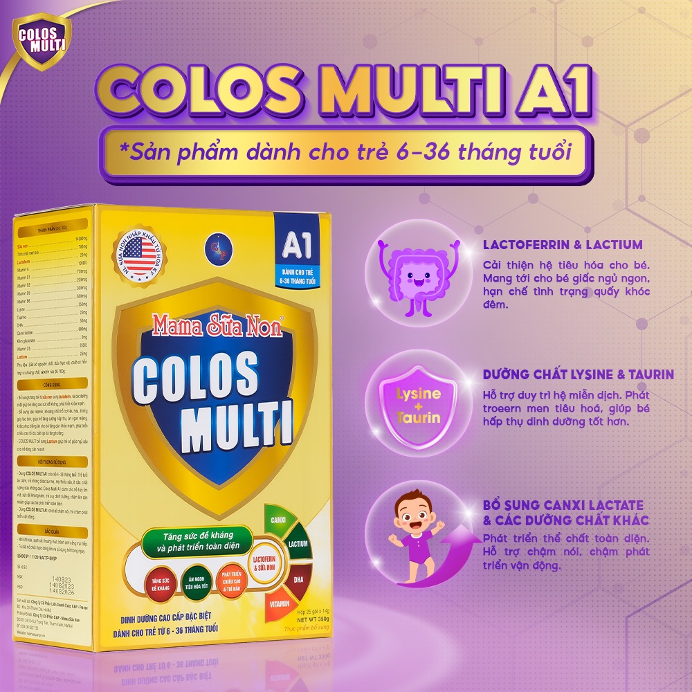 [ HỘP DÙNG THỬ] Sữa bột Colosmulti A1 hỗ trợ tăng cường sức đề kháng cho trẻ hộp 2 gói x 14g - MẪU THỬ