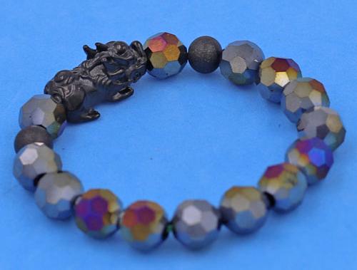 Chuỗi tay Pha Lê Xanh Đen cắt giác 10 ly Mix Tỳ Hưu inox 2 bi - Chuỗi tay thời trang phong thủy