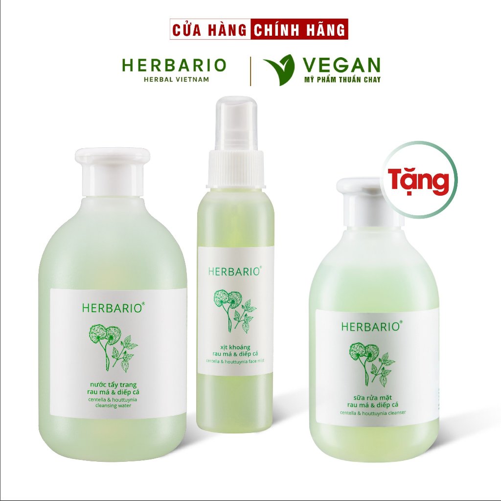 Bộ 3 rau má và diếp cá Herbario chăm sóc da mụn: Nước tẩy trang 300ml + Sữa rửa măt 200ml + Xịt khoáng 100ml