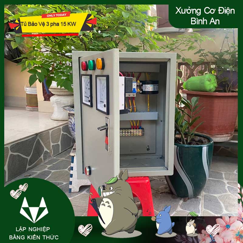 Tủ bật tắt 15Kw có đồng hồ báo vôn và ample chống ngắn mạch, đảo pha XJ3G cho động cơ 3 pha
