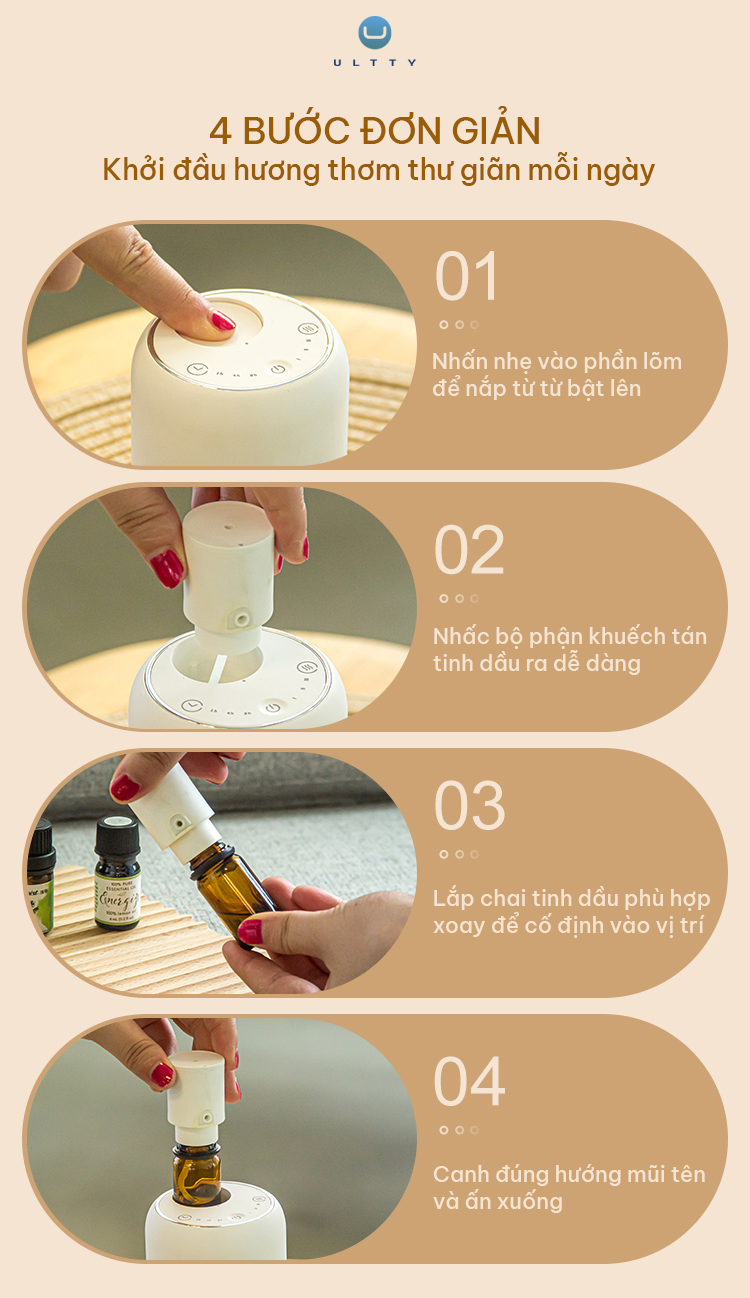 Máy Khuếch Tán Tinh Dầu U ULTTY Aroma – 3 Mức Lan Tỏa Hương, Đèn LED Thư Giãn, Thiết Kế Nhỏ Gọn, Sang Trọng, Tiện Lợi