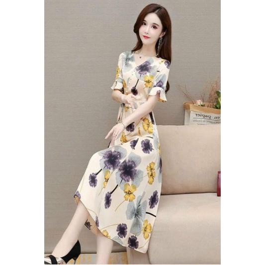 HÀNG NHẬP - ĐẦM LỤA HOA CỔ TIM PHỐI NÚT