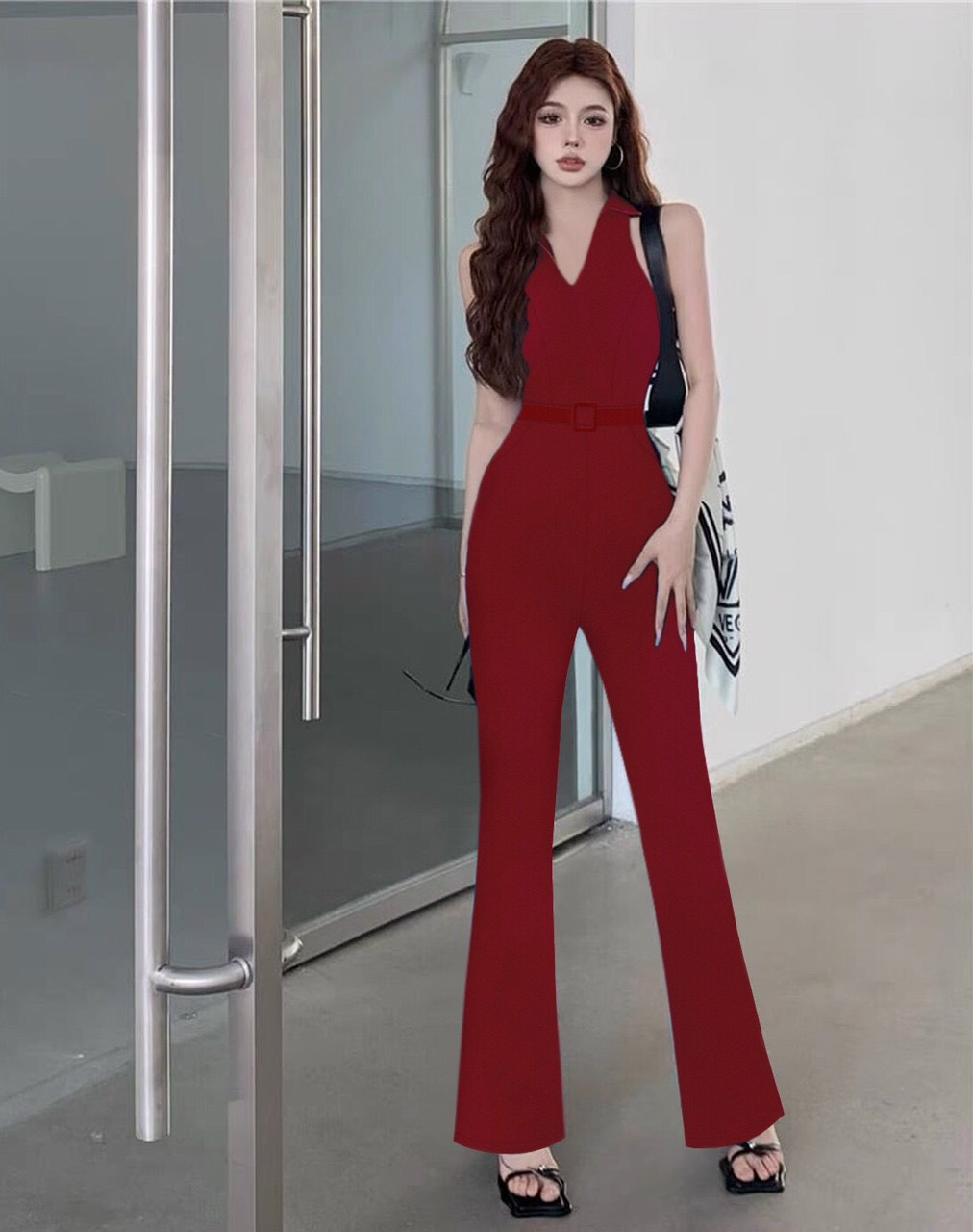 Jum dài ống loe cổ sơ mi dây kéo lưng kèm bell xinh xắn