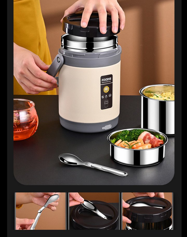 Hộp cơm văn phòng FOODIE SMART inox giữ nhiệt hâm nóng và tự nấu chín thức ăn, Cà Men Đựng Cơm Đi Làm - Home and Garden