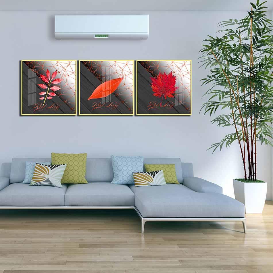 Bộ 3 tranh canvas treo tường Decor Họa tiết lá đỏ cách điệu, phong cách hiện đại – DC128
