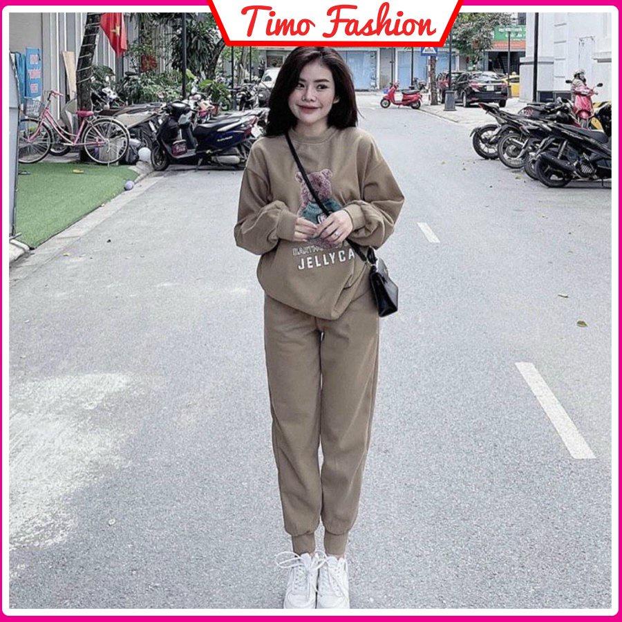 Set Đồ Nữ, Bộ Nỉ Nữ Dài Tay thu đông form rộng, áo nỉ gấu phối quần jogger phong cách thể thao, Hàn Quốc, BO014