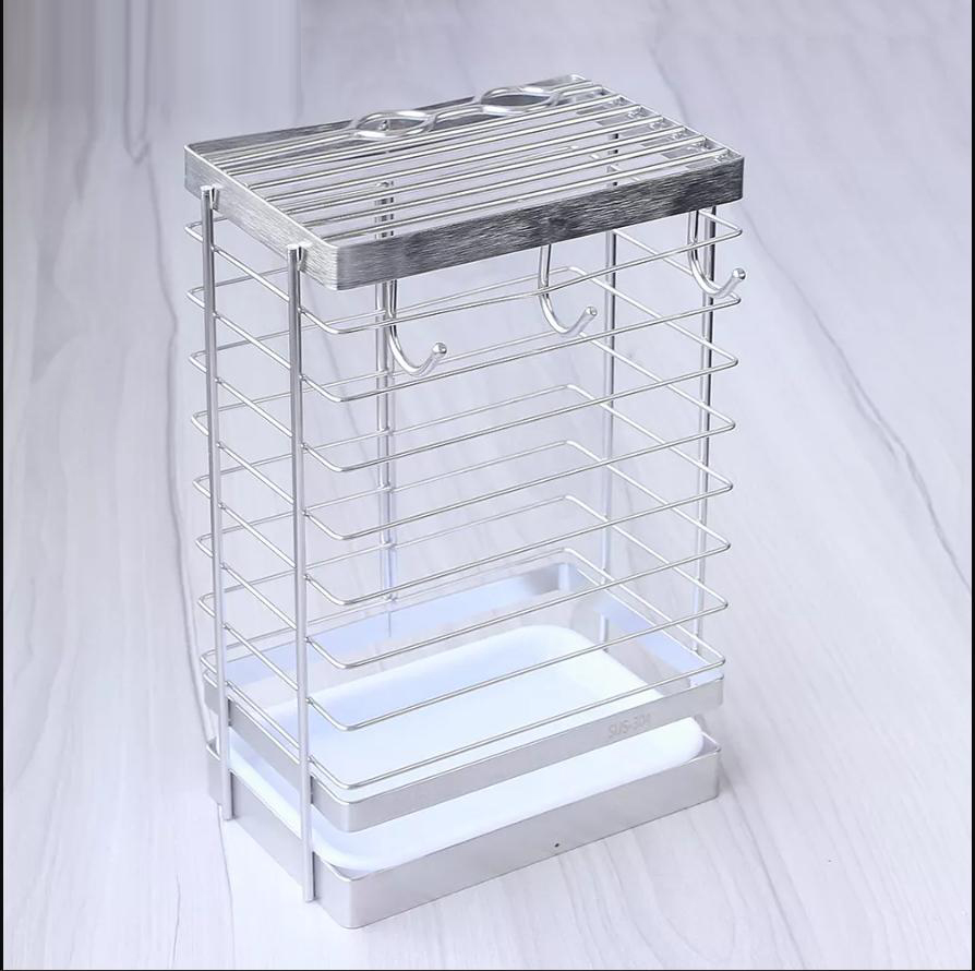 Kệ đựng dao kéo Inox kèm 3 móc treo và khay hứng nước - không rỉ sét