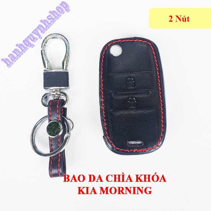 Bao da chìa khóa Morning màu đen chỉ đỏ tặng kèm móc