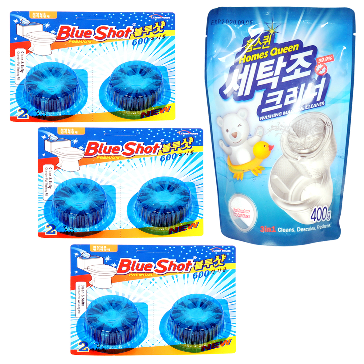 Combo 3 vỉ vệ sinh khử mùi bồn cầu BlueShot Hàn Quốc + 1 Gói vệ sinh lồng giặt Homes Queen: Vệ sinh sạch sẽ, tiết kiệm thời gian