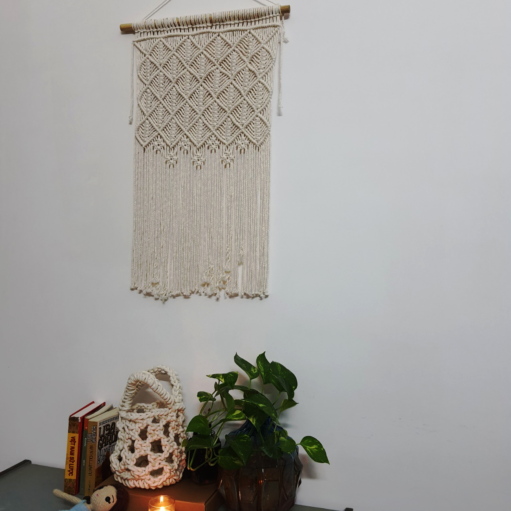 Rèm macrame trang trí tường, Rèm màu trắng, bohemien macrame