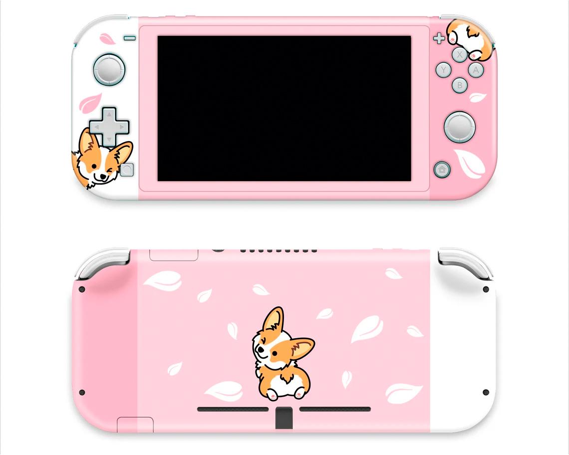 Skin decal dán Nintendo Switch Lite mẫu Corgi dễ thương so cute nền hồng phối trắng (dễ dán, đã cắt sẵn)