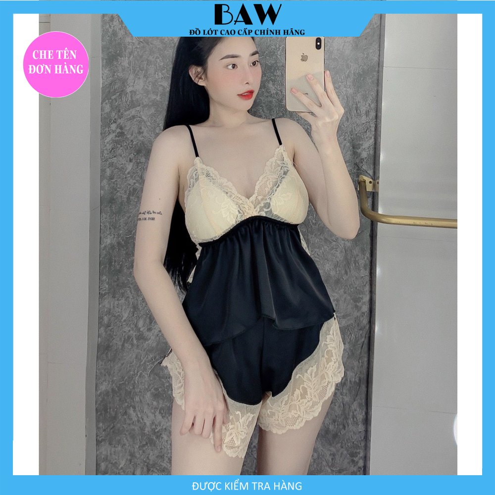 Đồ Ngủ Hai Dây Phối Ren Sexy Quyến Rũ Có Mút Ngực Thương Hiệu Baw, Chất Liệu Lụa Satin Mát Mịn DN20