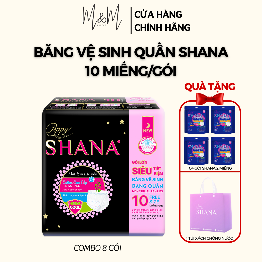 Combo 8 gói Băng vệ sinh quần Peppy Shana ngày đêm, mềm mại, thấm hút tối đa, chống tràn GÓI LỚN 10 quần/gói