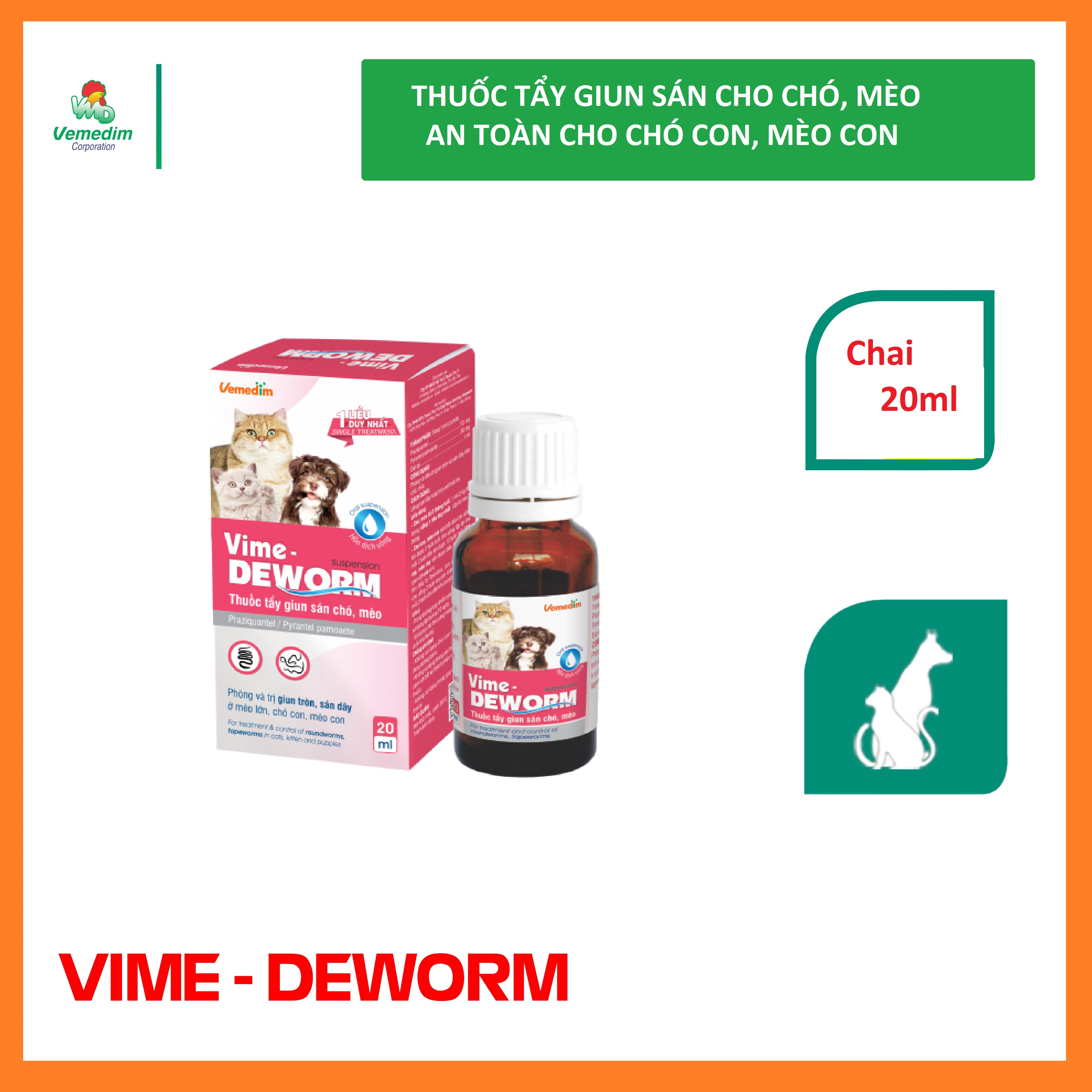 Vemedim Vime-deworm phòng và điều tr.ị giun sán cho chó, mèo, an toàn cho chó con và mèo con, chai 20ml
