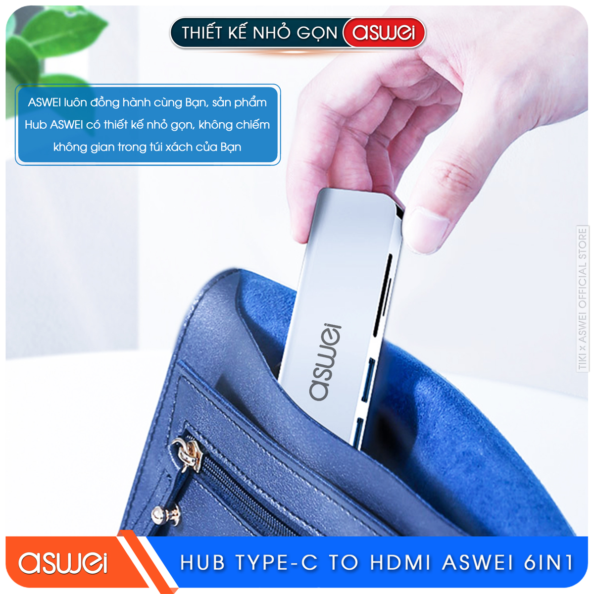 Hub Type C ASWEI 6 in 1 To HDMI, USB 3.0, SD, TF, PD 100W - Hàng Chính Hãng