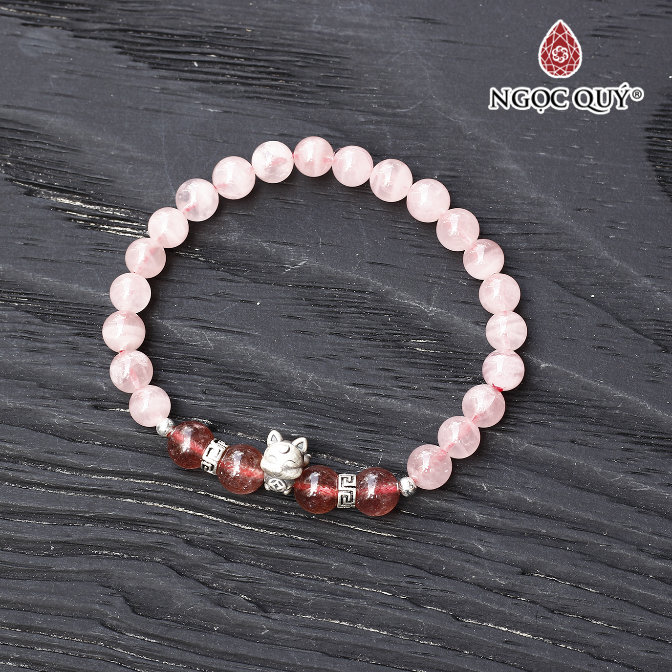 Vòng thạch anh hồng phối thạch anh dâu charm hồ ly 9 đuôi bạc - Ngọc Quý Gemstones