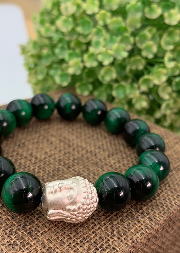 Vòng Đá Mắt Hổ Xanh Lá Charm Đầu Phật Bạc Ta
