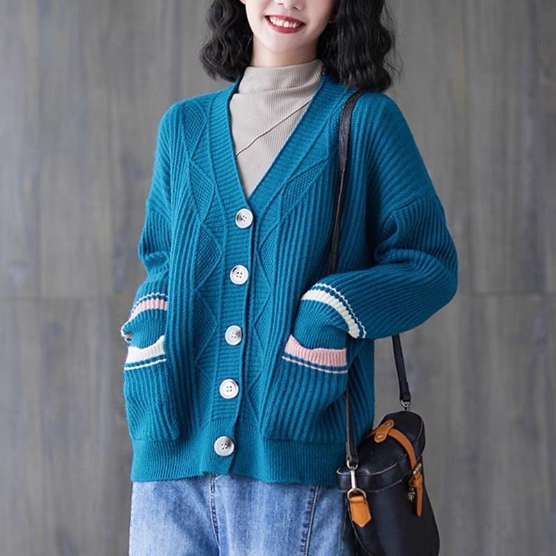 Áo len cardigan nữ pha màu cá tính, áo khoác len nữ hàng quảng châu