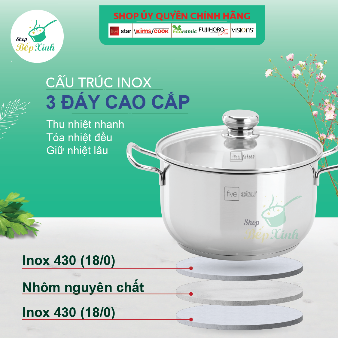 Bộ nồi xửng hấp 3 đáy inox 430 FiveStar Standard nắp kính tặng 1 muỗng canh