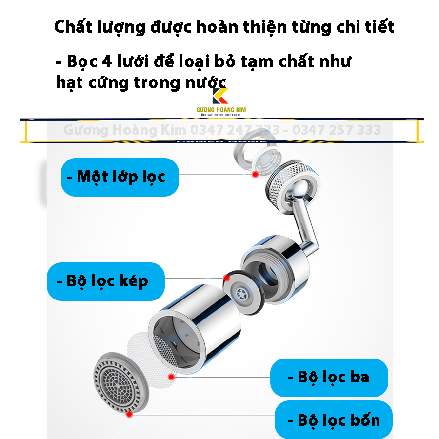 Đầu nới vòi nước xoay 720 độ lắp vòi nước chậu rửa bắt bồn rửa mặt lavabo với 2 chế độ nước chảy