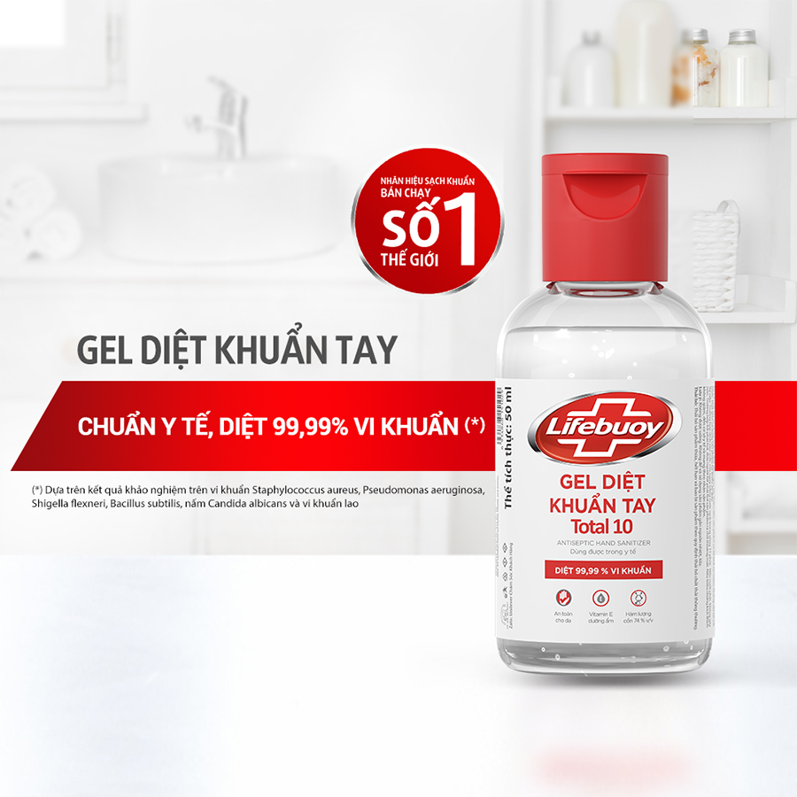 Gel rửa tay khô Lifebuoy 50ml Total 10 diệt sạch nhanh 99.9% vi khuẩn an toàn cho da với vitamin E chuẩn chất lượng y tế