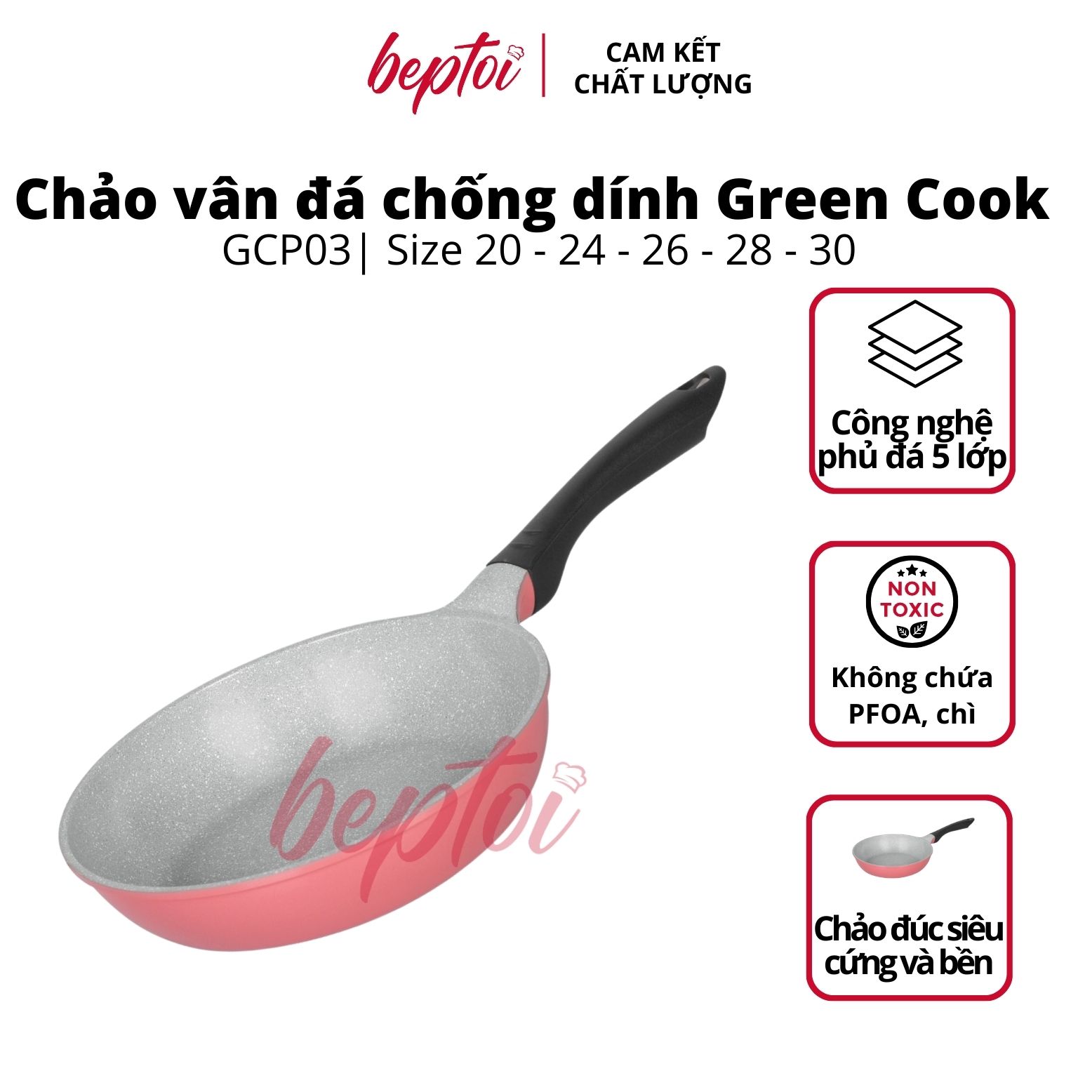 Chảo đúc chống dính men đá ceramic đáy từ Green Cook GCP03-IHP màu hồng công nghệ 7 lớp chống dính Hàn Quốc