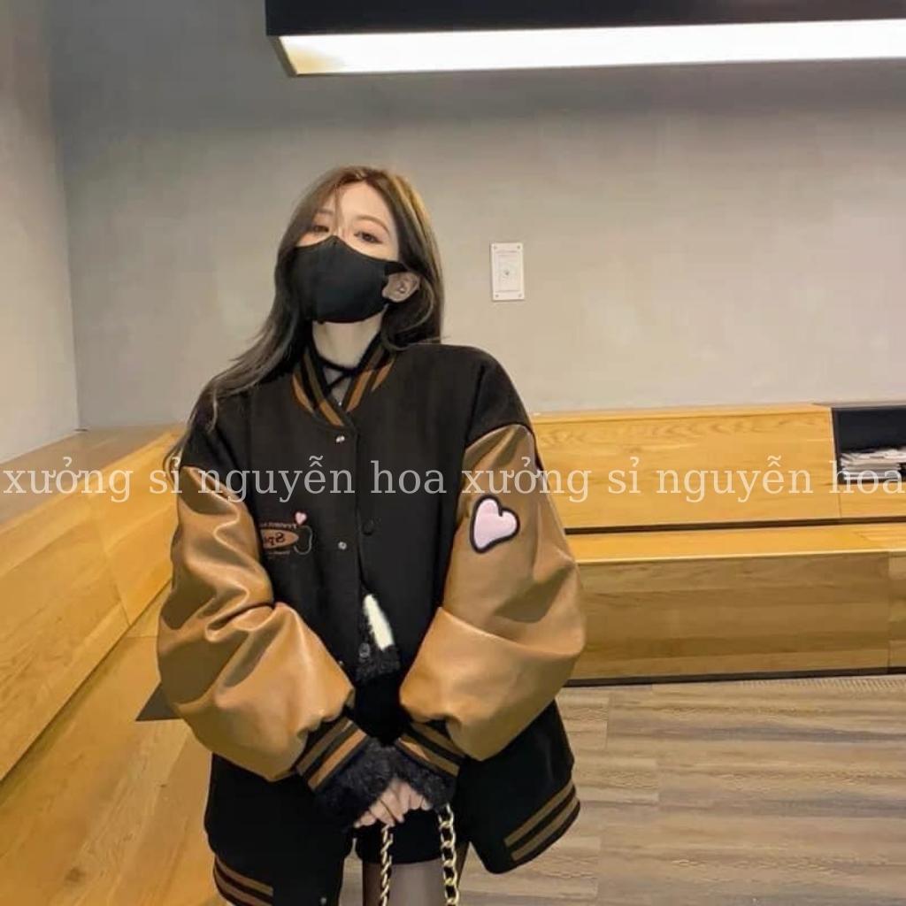 Áo khoác bomber phối tay da nâu trái tim form dáng rộng unisex nam nữ mặc được bao ngầu bao chất