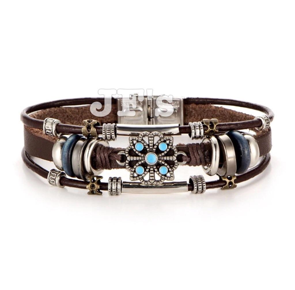 Vòng tay da khoá thép ko gỉ, vòng tay phong cách bohemian unisex