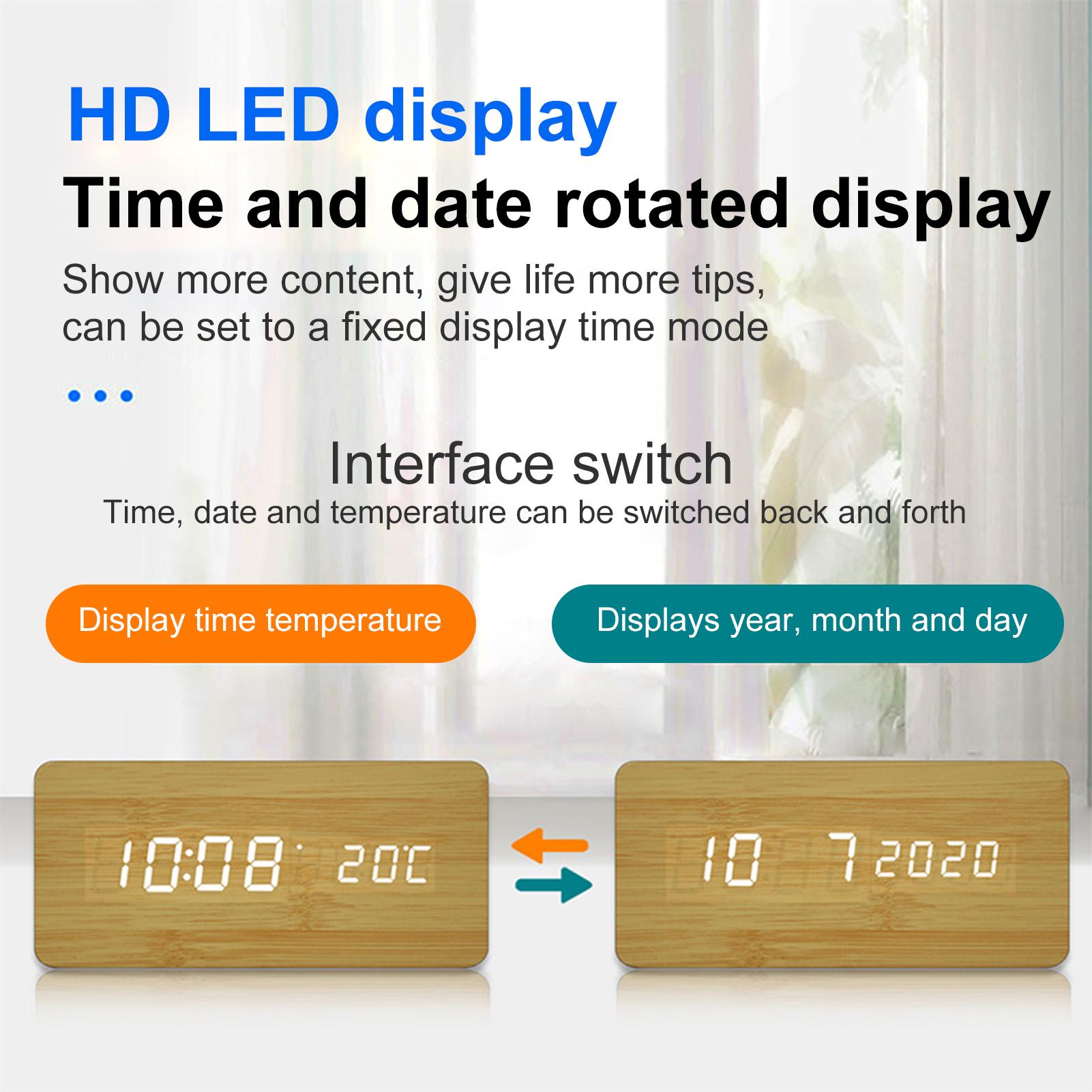 Đồng hồ báo thức kỹ thuật số bằng gỗ màn hình LED có sạc không dây 3 báo thức
