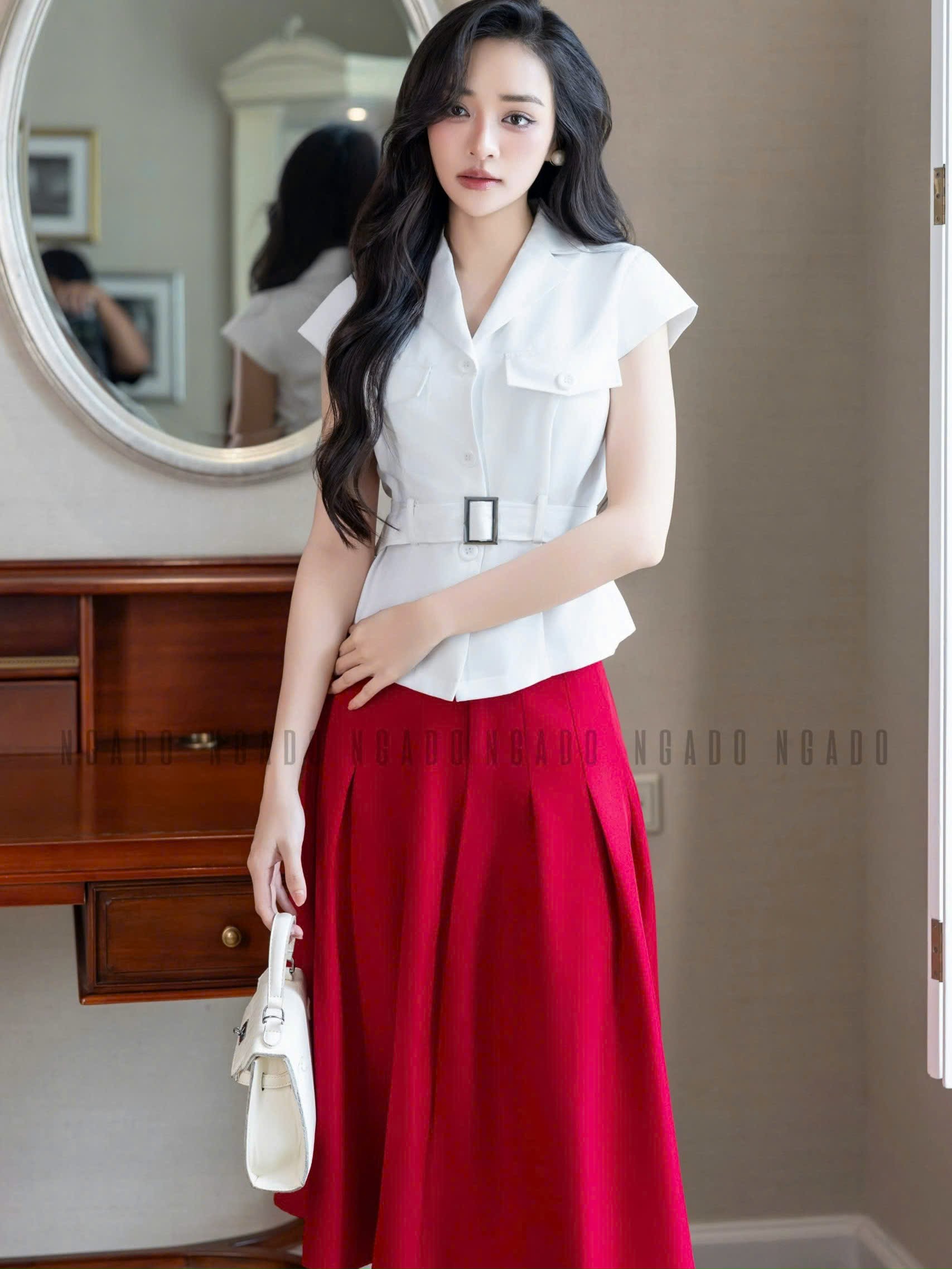 Set áo váy vest trắng đỏ NGADO , set áo váy vest , set công sở