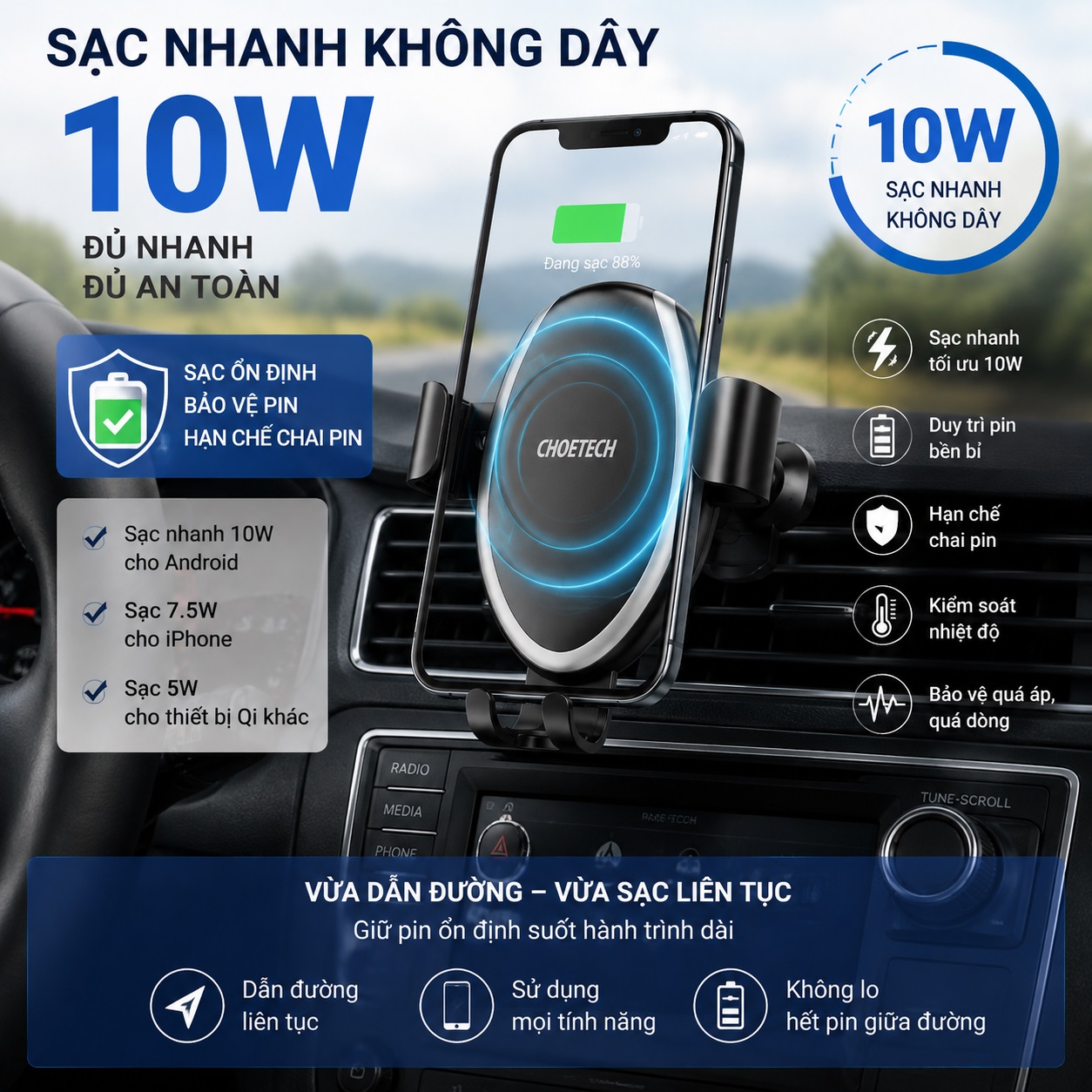 Giá đỡ điện thoại sạc không dây Qi cho xe hơi ô tô 2in1 Kẹp khe gió + chân không hiệu Choetech T536 Xoay 360 iPhone Samsung Oppo - Kẹp Trọng Lực Tự Động, Xoay 360°, Kẹp Khe Gió Chữ L Hoặc Dán Taplo - hàng nhập khẩu