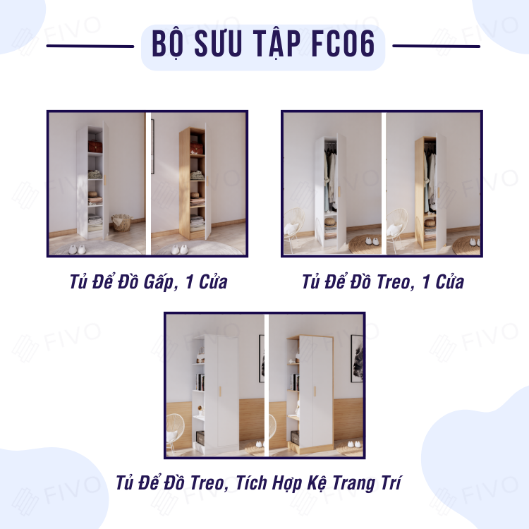 Tủ Áo Gỗ Chống Ẩm Cao Cấp 1 Cửa FIVO FC06, Mẫu Mã Đa Dạng, Phù Hợp Cho Không Gian Nhà Nhỏ, Giá Rẻ - Màu Gỗ Trắng