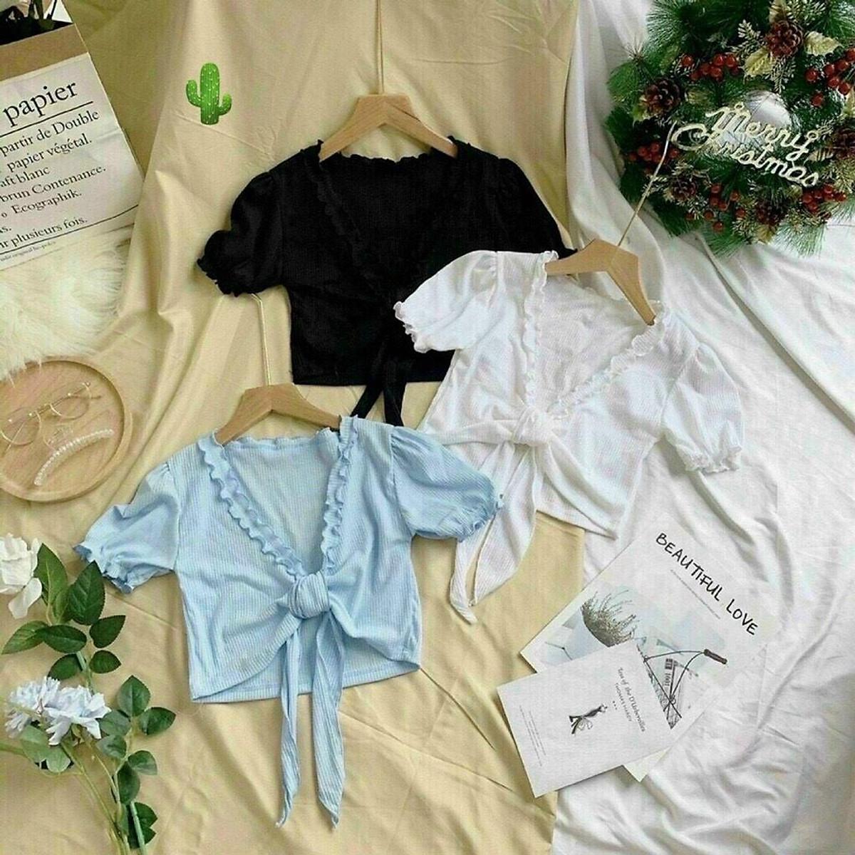 Áo thun croptop cổ V phối bèo tay ngắn sexy cho nữ dưới 55kg co giãn nhiều ôm body aloha thời trang