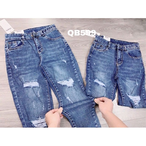 Quần baggy jean nữ rách cạp thêu co giãn Q074